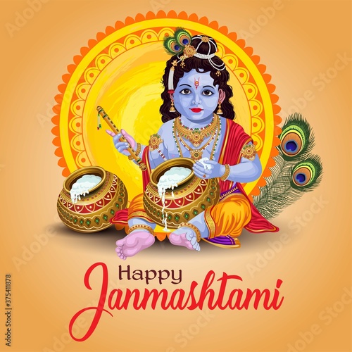 little Lord Krishna Indian God happy Janmashtami festival holiday. Vector illustration