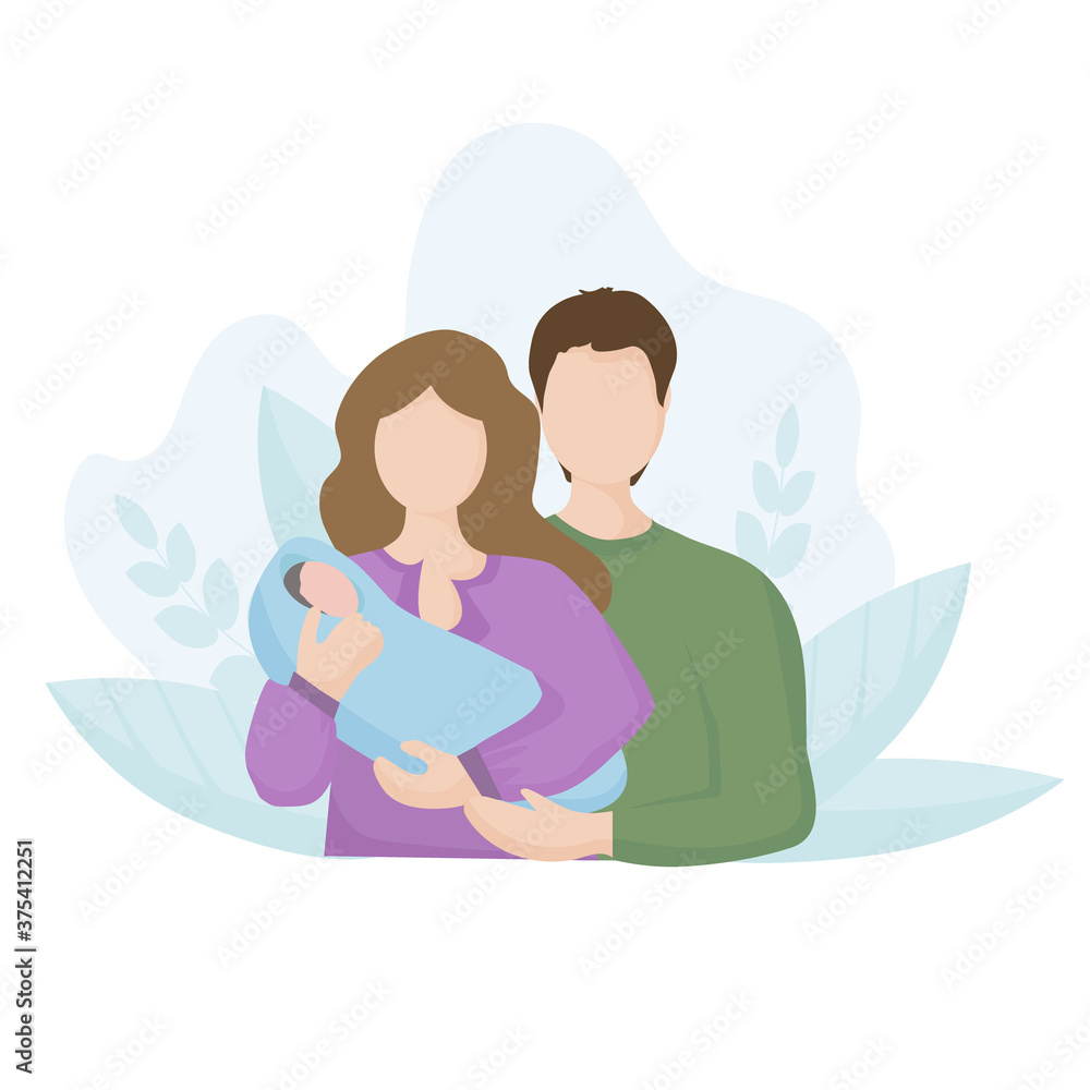 Family with a newborn child. A woman's mother holds a small child in her arms, a man's father holds them firmly. Concept of motherhood and fatherhood, family values. background of leaves with nature Family with a newborn child. A woman's mother holds a small child in her arms, a man's father holds them firmly. Concept of motherhood and fatherhood, family values. background of leaves with nature