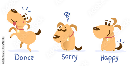 Vector set of illustration of cute orange color dog with collar in different pose and emotion on white background.