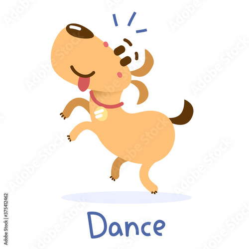 Vector illustration of happy cute orange color dog with tongue is dancing on white background.