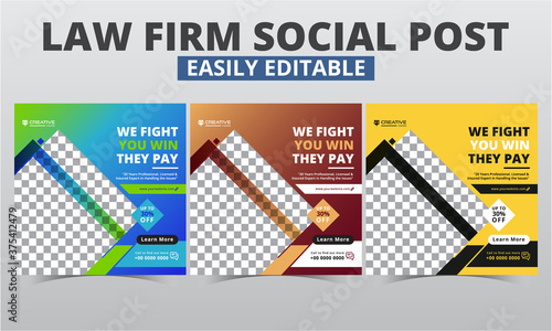 Lawyer social media post design vector digital marketing for law firms. Modern geometric consult instagram post template editable & attorney social media layout square web banner with photo collage.
