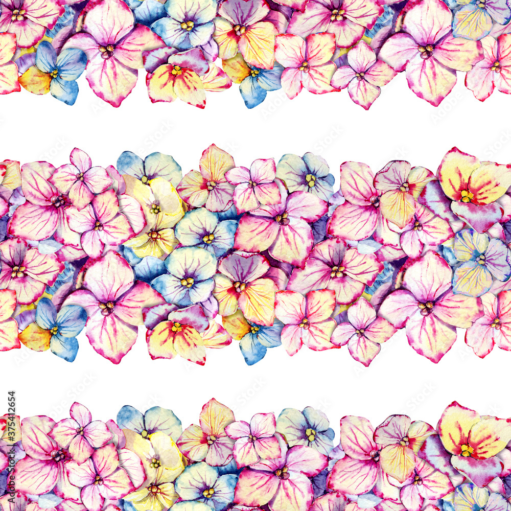 Seamless pattern with hydrangea flowers. Handmade watercolor illustration close up. For the design of wedding printed materials, invitations, congratulations, cover, clipart, wallpaper, wrapper