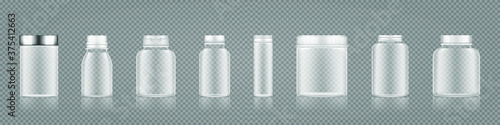 Empty transparent plastic bottle set of mockups for supplement or medicine pills. Package design. Blank medicine, sport nutrition, healthcare template. 3d realistic vector illustration