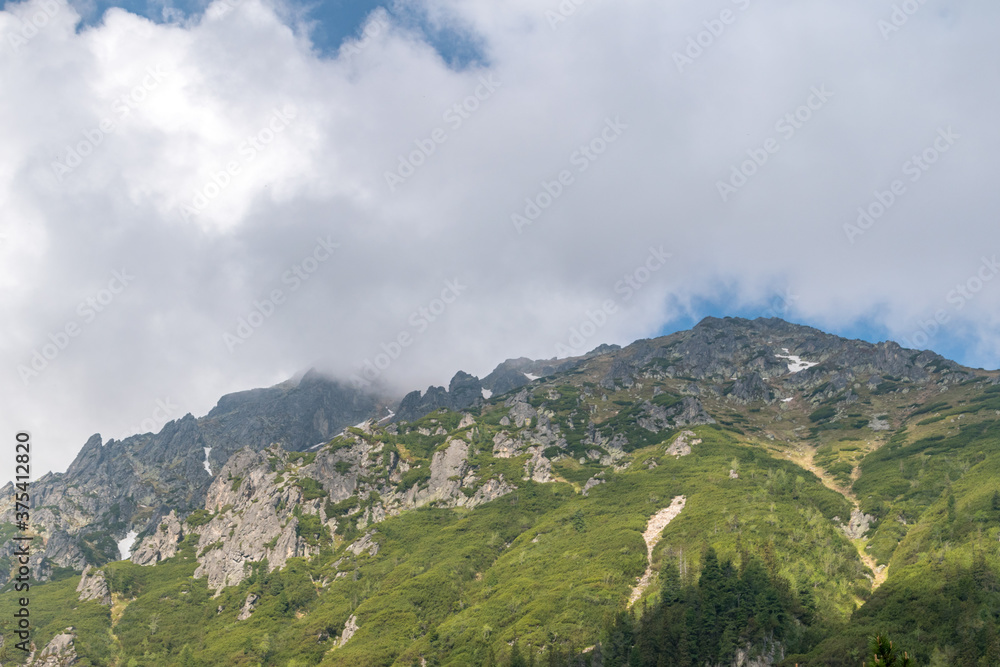 Landscape view with hills in the clouds in Tatra Mountains in Tatra National Park.