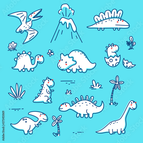 Vector set of ancient world monochromatic illustration of cute different dinosaur character and volcano on blue background.