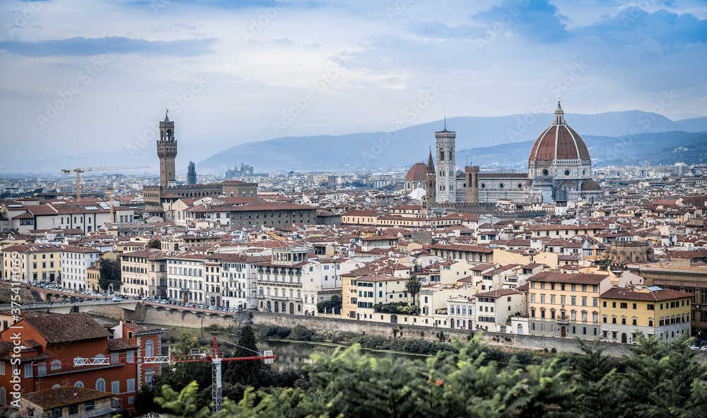 Panorama of the city of Florence, Tuscany, Italy, with a tower, houses, churches and mountains on the horizon