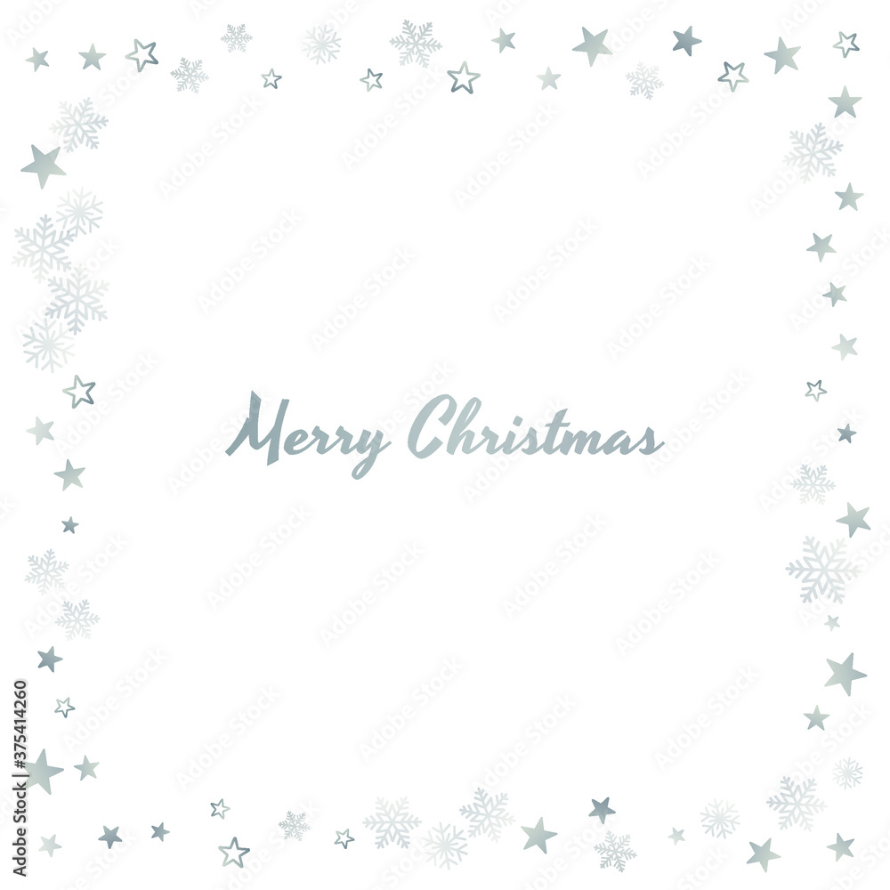 Fototapeta premium Silver Christmas snow ant stars frame. Winter snowflakes subtle background on white, greeting card. New Year Holidays subtle backdrop. Noel decoration, Vector illustration