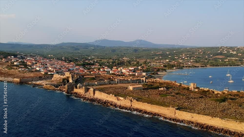 Aerial view over Methoni Castle and the fortified city. Its one of the most important and the biggest in castle in Mediterranean sea, a must-visit place in Greece located in Methoni, Messenia, Greece Aerial view over Methoni Castle and the fortified city. Its one of the most important and the biggest in castle in Mediterranean sea, a must-visit place in Greece located in Methoni, Messenia, Greece