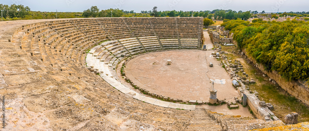 Panorama view across of the amphitheatre at the ancient Roman city of Salamis near Famagusta, Northern Cyprus