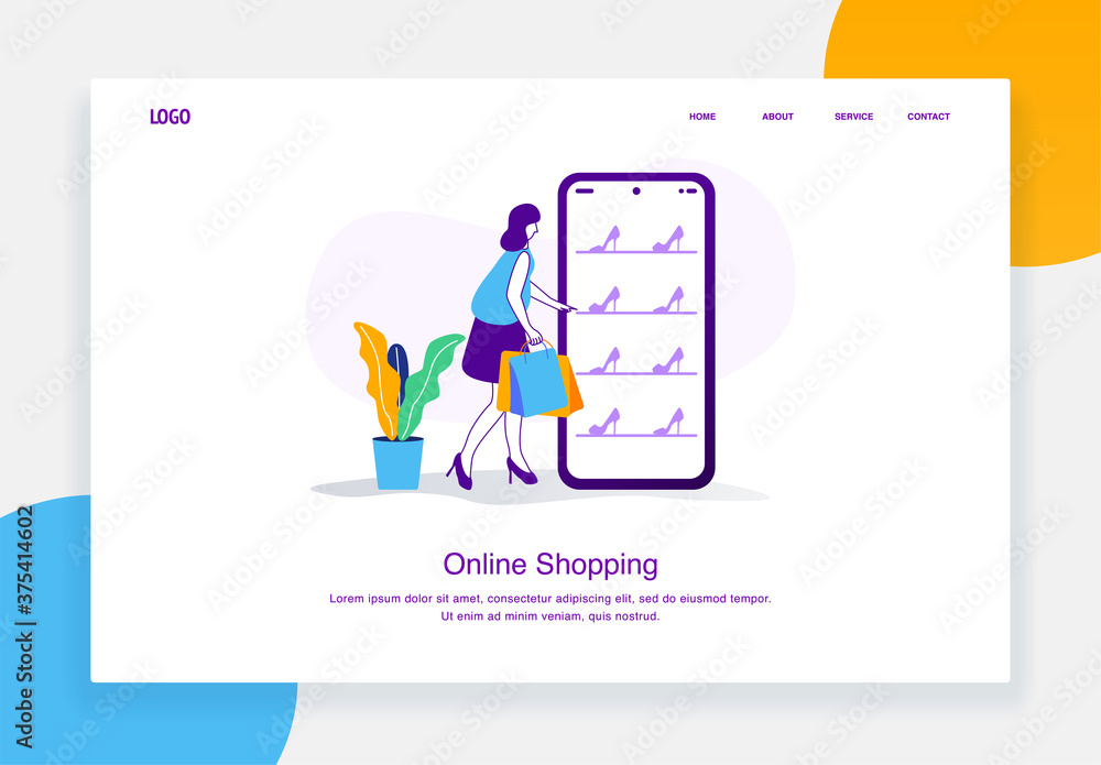 Modern e-commerce illustration concept of women choose heels in online catalog while holding a shopping bag for landing page template