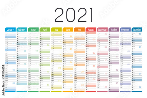 Colorful 2021 one page horizontal calendar