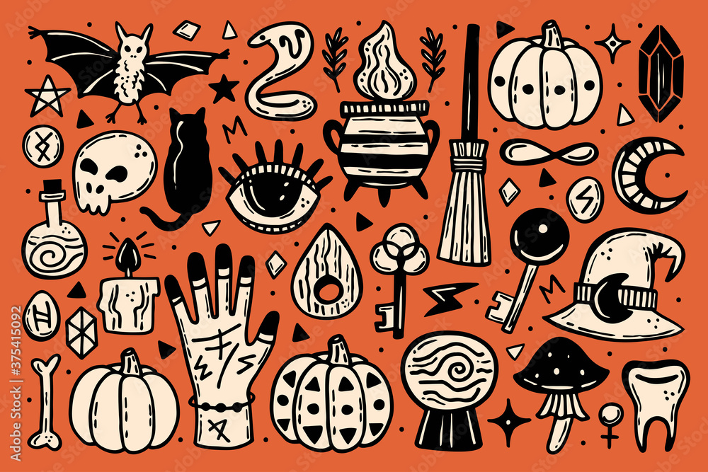Halloween clip art, set of elements. Holiday ink stamps, silhouettes. Eye, black cat, bat, witch hat, pumpkin, key, poison, cauldron, skull, bone, snake, runes, moon. Vectors isolated on orange back. Halloween clip art, set of elements. Holiday ink stamps, silhouettes. Eye, black cat, bat, witch hat, pumpkin, key, poison, cauldron, skull, bone, snake, runes, moon. Vectors isolated on orange back.