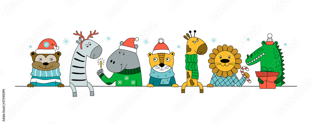 Fototapeta premium Christmas set. Wild animals with gift, candy, and sparklers.