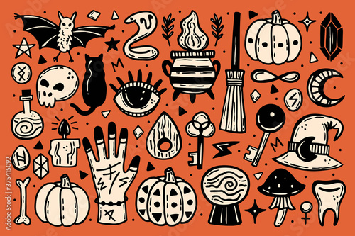 Halloween clip art, set of elements. Holiday ink stamps, silhouettes. Eye, black cat, bat, witch hat, pumpkin, key, poison, cauldron, skull, bone, snake, runes, moon. Vectors isolated on orange back.