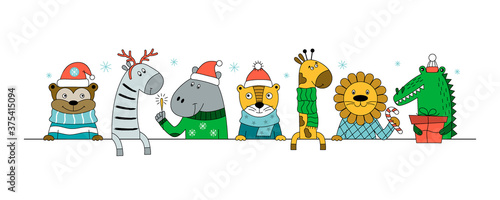 Christmas set. Wild animals with gift, candy, and sparklers.