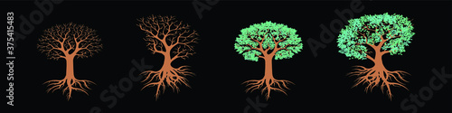 set of tree with roots and leafs cartoon icon design template in various models. vector illustration