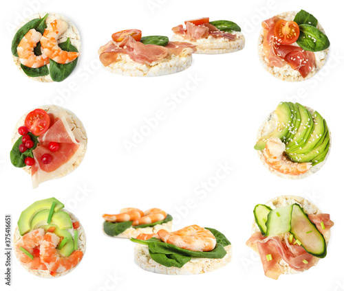 Frame of puffed corn cakes with different toppings on white background