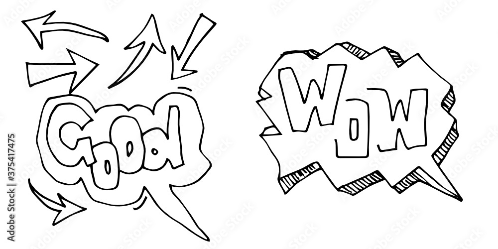 Fototapeta premium simple black and white line drawing cartoon comic book WOW,GOOD symbol.Print design modern vector cartoon illustration for children kid.