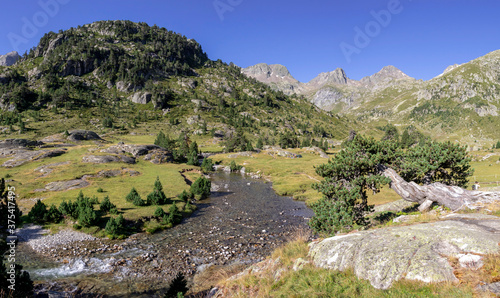 Photos Panorama scenery with mountain river surrounded by French Pyrenees High mountain