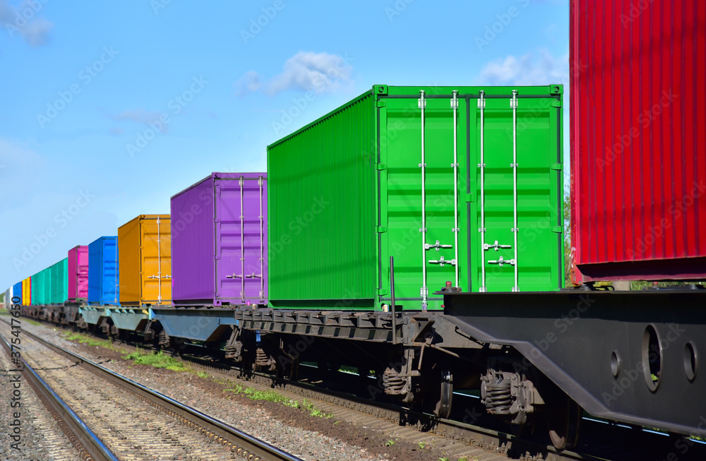 Cargo Containers Transportation On Freight Train By Railway. Intermodal Container On Train Car. Rail Freight Shipping Logistics Concept. Import - export goods from Сhina.