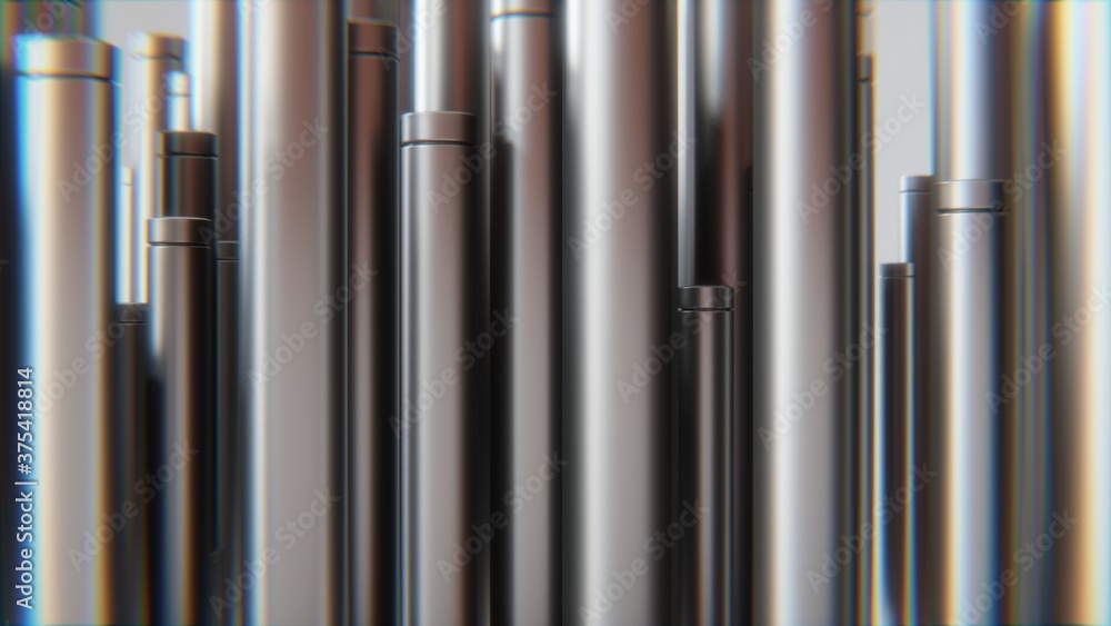 Metal tubes. Manufacturing industry business production and heavy metallurgical industrial products creative in room: many shiny steel pipes creative industrial background. 3d rendering Metal tubes. Manufacturing industry business production and heavy metallurgical industrial products creative in room: many shiny steel pipes creative industrial background. 3d rendering