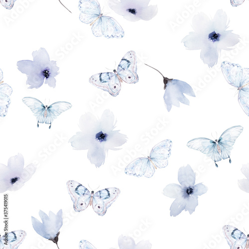 Watercolor seamless pattern. Floral print with butterflies on white background