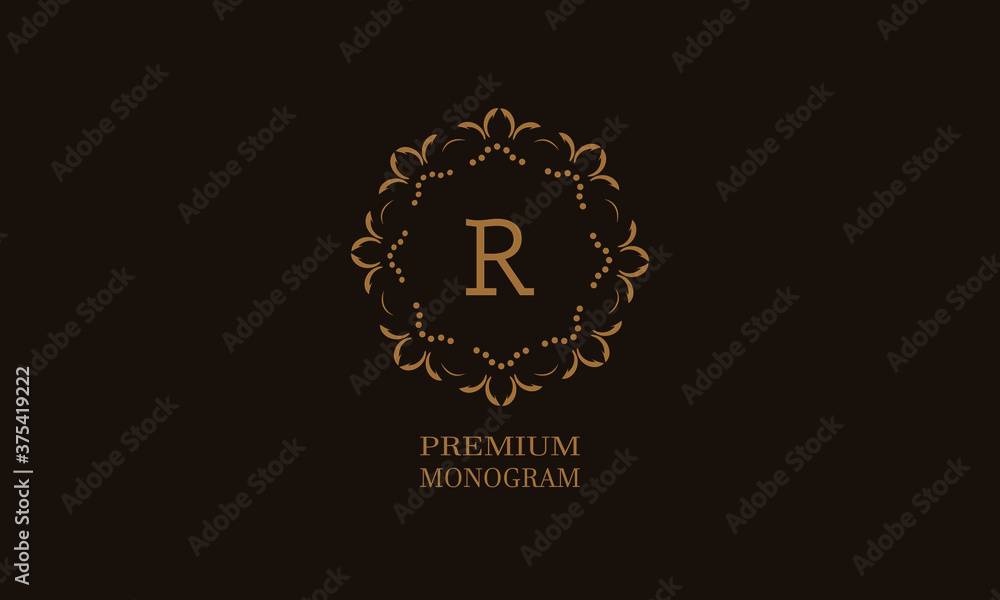Luxury monogram design with the letter of the alphabet R. Elegant logo of the emblem of a restaurant, hotel, business. Can be used for invitations, booklets, postcards.