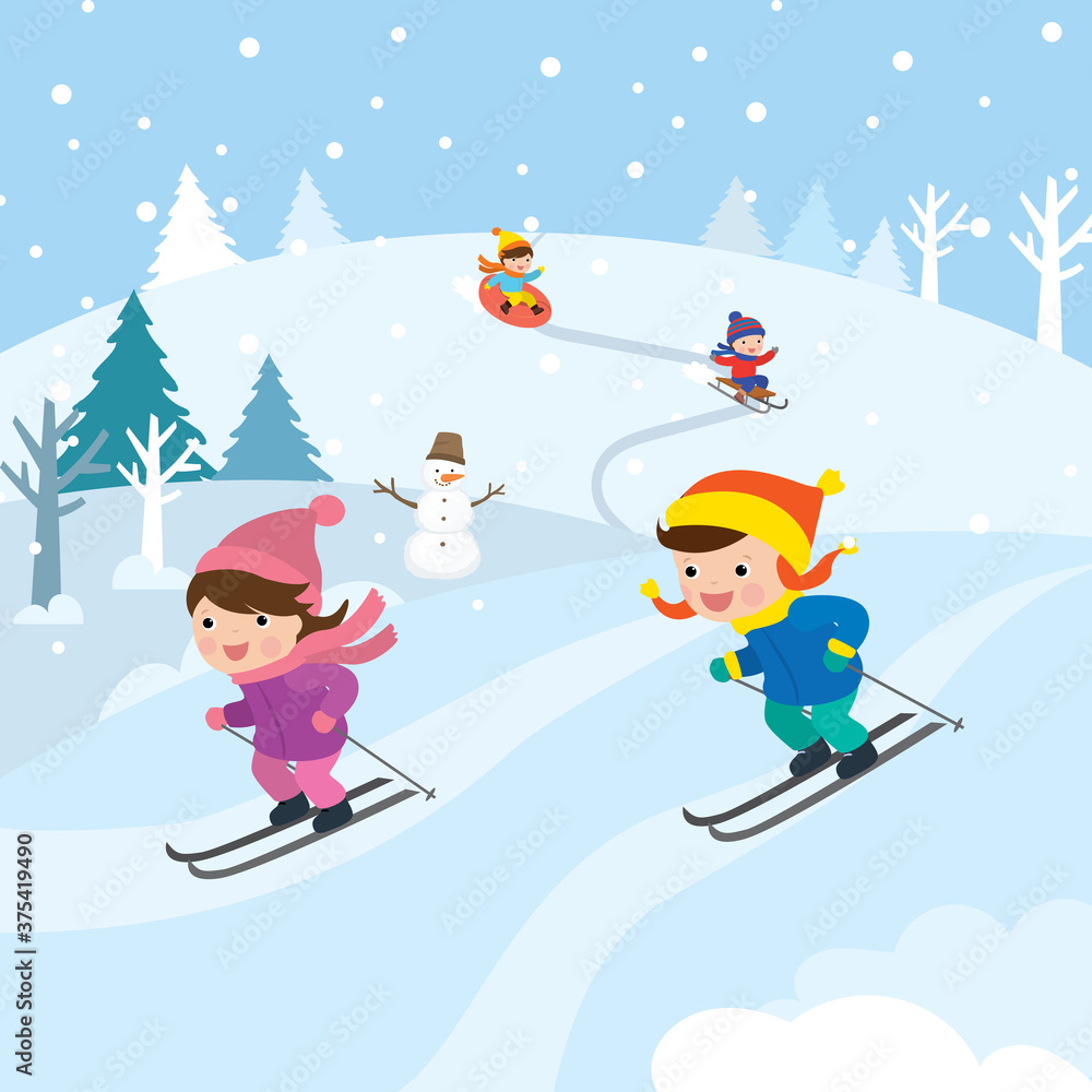Cute cartoon caucasian children are skiing. Wintertime, outdoors activites. Schoolboy and schoolgirl enjoy sports.