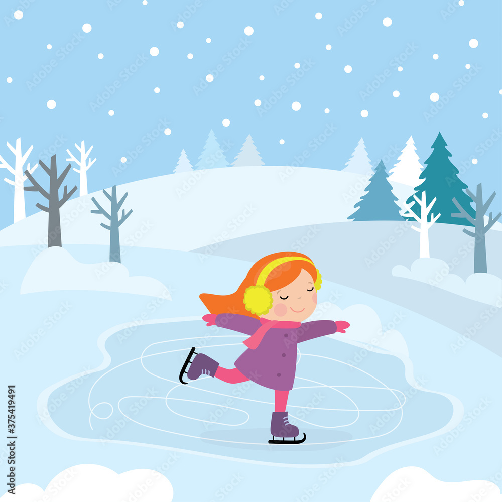 Little smiling girl character skates. Cartoon Schoolgirl on ice in the park. Nature view on background.