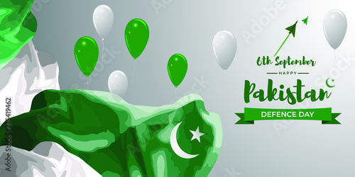 Vector illustration of Pakistan defence day, 6th september, pakistan flag with balloons and airforce craft.