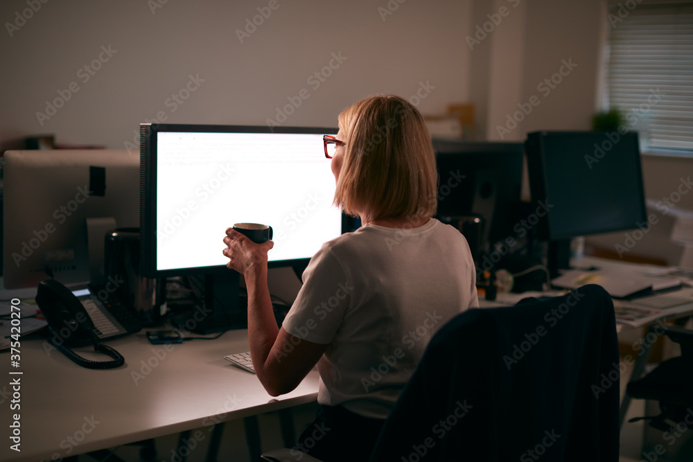 Rear View Of Mature Businesswoman Using Computer Sitting At Desk In Office Working Late Rear View Of Mature Businesswoman Using Computer Sitting At Desk In Office Working Late