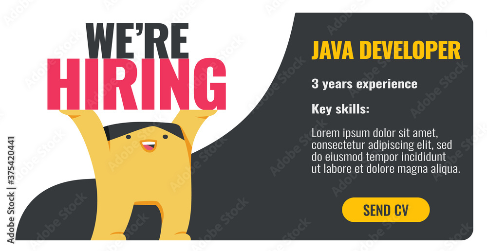 We are hiring Java developers. Vector banner template. Friendly funny ...