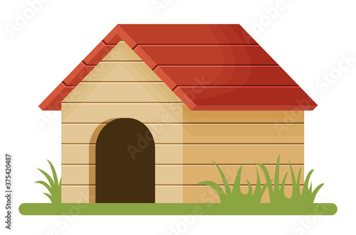 Wooden doghouse with red roof. Isolated on white background. Flat design. Vector illustration.