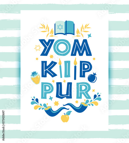 Yom Kippur greeting card with candles, apples and shofar and sybols. Jewish holiday background. Vector illustration on white.