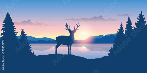 reindeer by the lake at sunrise wildlife nature landscape vector illustration EPS10