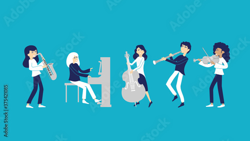 A band of musicians plays music with musical instruments
