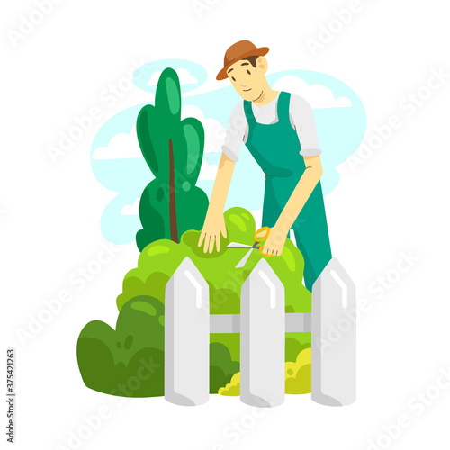 Vector illustration of a man cuts bushes. Garden flat illustration.