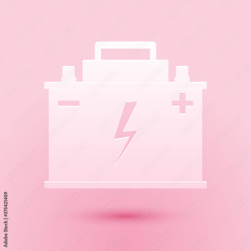 Paper cut Car battery icon isolated on pink background. Accumulator battery energy power and electricity accumulator battery. Lightning bolt symbol. Paper art style. Vector. Paper cut Car battery icon isolated on pink background. Accumulator battery energy power and electricity accumulator battery. Lightning bolt symbol. Paper art style. Vector.