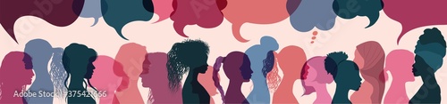 Silhouette group multiethnic women who talk and share ideas and information. Women social network community. Communication and friendship women or girls diverse cultures. Speech bubble