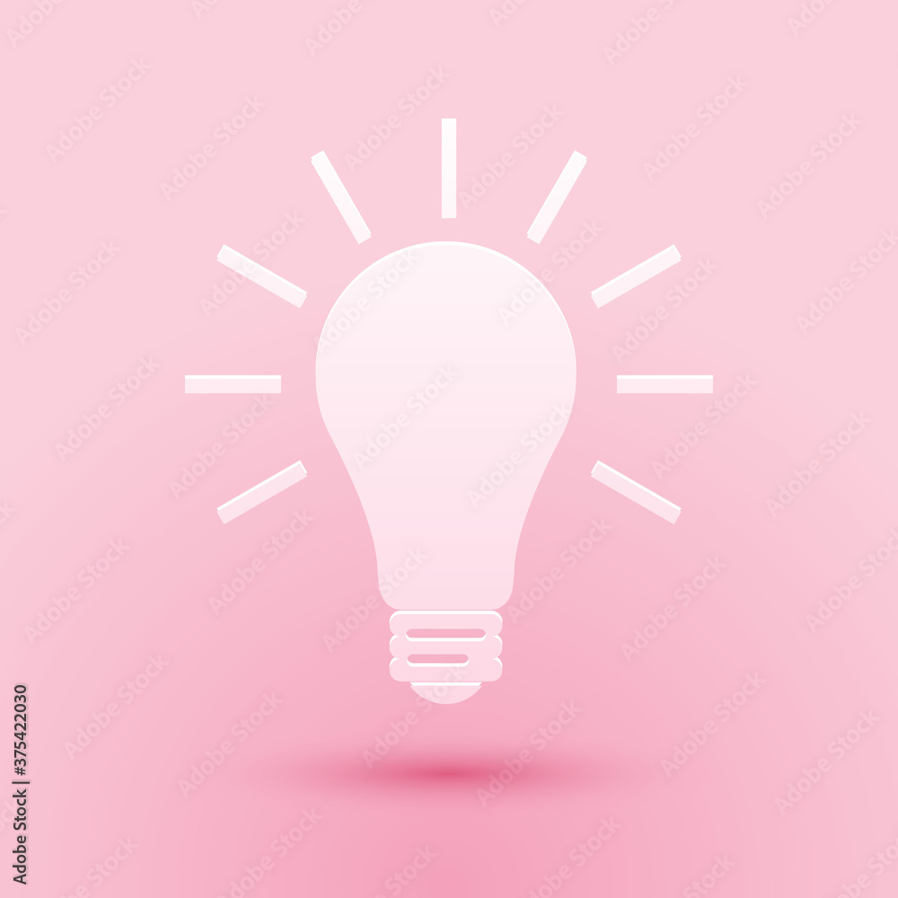 Paper cut Light bulb with rays shine icon isolated on pink background. Energy and idea symbol. Lamp electric. Paper art style. Vector. Paper cut Light bulb with rays shine icon isolated on pink background. Energy and idea symbol. Lamp electric. Paper art style. Vector.
