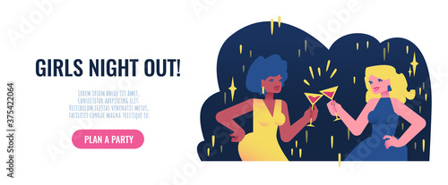 Girls Night Out! web page template. Cute flat cartoon illustration. Two pretty women at a party drinking martini and have fun. Black and white ladies retro style illustration.