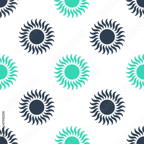 Green Sun icon isolated seamless pattern on white background. Vector.
