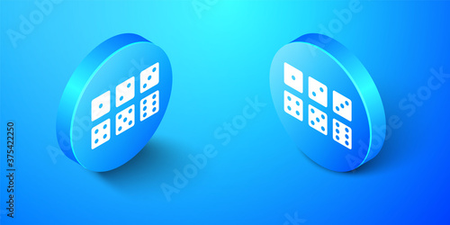 Isometric Set of six dices icon isolated on blue background. Blue circle button. Vector.
