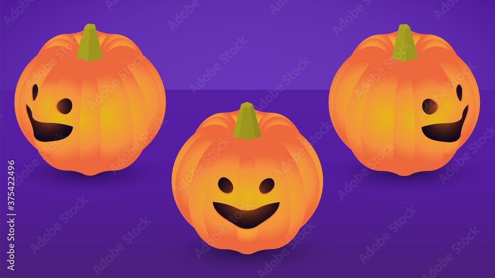 Fototapeta premium Isometric halloween pumpkin head jack on violet empty room background.