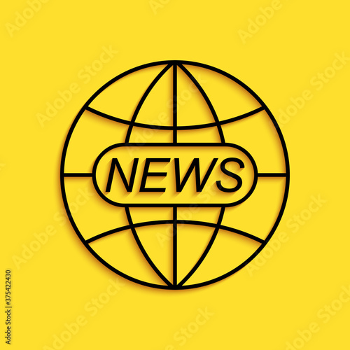 Black World and global news concept icon isolated on yellow background. World globe symbol. News sign icon. Journalism theme, live news. Long shadow style. Vector.