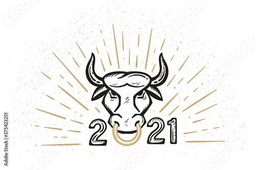2021 Year of White Ox Chinese Zodiac Sign. Chinese New Year Holiday Retro Poster. Bull with Nose Ring and Sunbeams Vector Vintage Greeting Card
