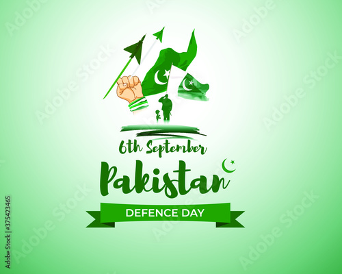 Vector illustration of Pakistan defence day, 6th september, freedom hand with pakistan flag, soldier with rifle and helmet and airforce craft.