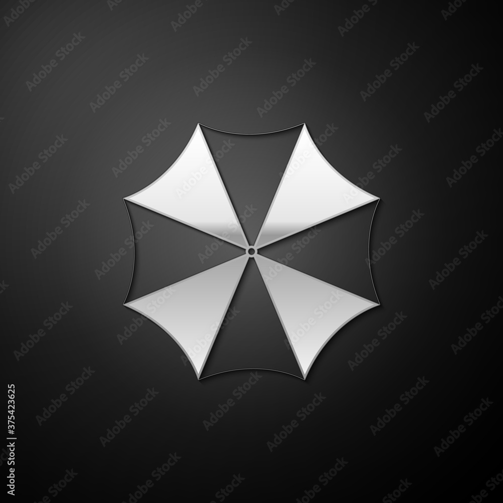 Silver Sun protective umbrella fo beach icon isolated on black background. Large parasol for outdoor space. Summer vacation or picnic accessory. Long shadow style. Vector. Silver Sun protective umbrella fo beach icon isolated on black background. Large parasol for outdoor space. Summer vacation or picnic accessory. Long shadow style. Vector.