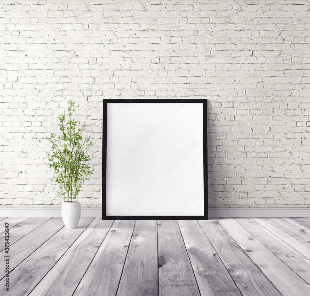 White vertical empty poster with frame standing on floor. Mockup template for you design preview. White vertical empty poster with frame standing on floor. Mockup template for you design preview.