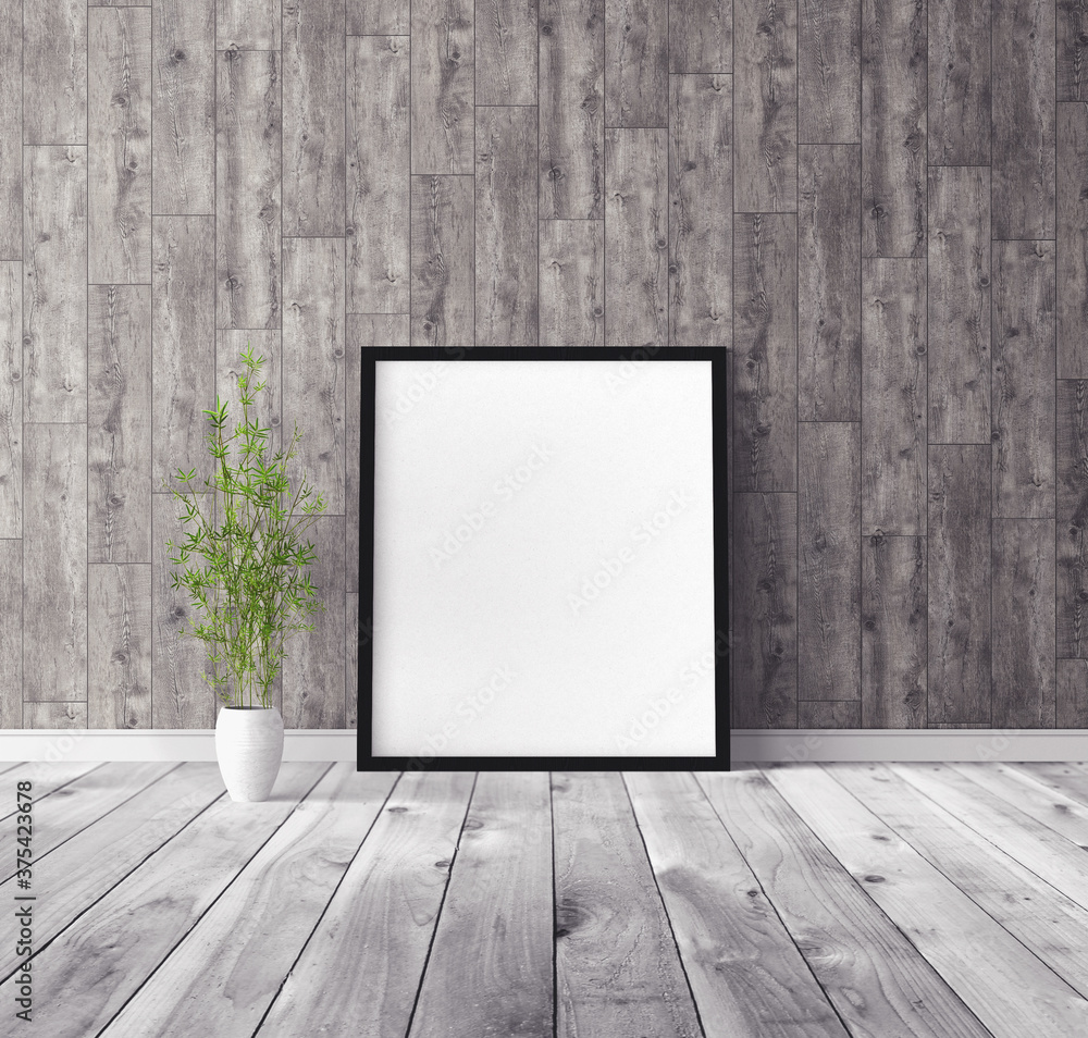 White vertical empty poster with frame standing on floor. Mockup template for you design preview. White vertical empty poster with frame standing on floor. Mockup template for you design preview.